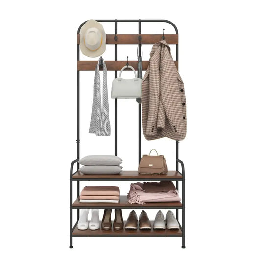 BukkitBow - Industriële Kapstok Met Schoenenrek - 7 Haken voor Jassen / Sjaals en Hoeden – Garderobe Organizer - 84X180X36CM