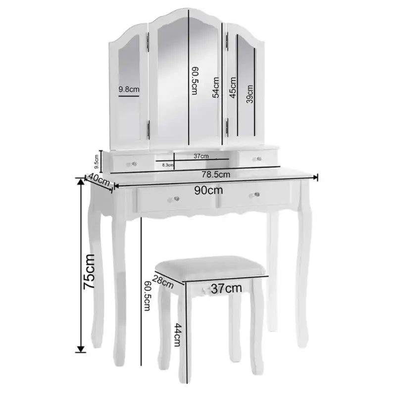 BukkitBow - Kaptafel / Cosmetische Tafel met 3-Delige Spiegel en met 4 Lades - Kaptafel / Make-up Tafel - (90x145x40cm) Inclusief Kruk