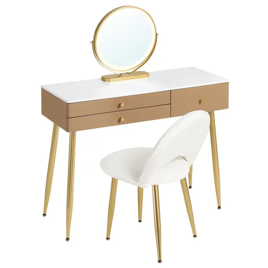 BukkitBow - Kaptafel / Make-up Tafel met LED Verlichting – Tafel met 3 Grote laden - Met Ronde LED Spiegel – Inclusief Stoel / Kruk - 100X80X40CM