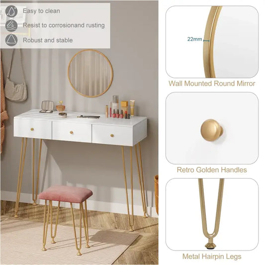 BukkitBow - Kaptafel met Krukje en Spiegel - Met Gouden Poten - 100x40x80cm