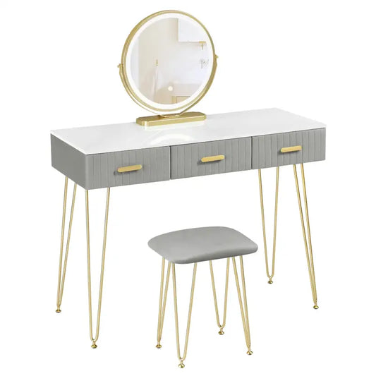 BukkitBow - Kaptafel Set met LED Spiegel en Kruk - Stevig Hout met Fluweel - Goude Details - 100x121.5x40cm