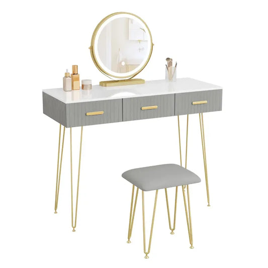 BukkitBow - Kaptafel Set met LED Spiegel en Kruk - Stevig Hout met Fluweel - Goude Details - 100x121.5x40cm
