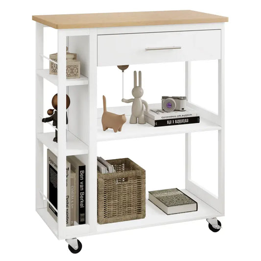 BukkitBow - Keuken Trolley Met Werkblad - Keukentrolley op Wieltjes – Met Lade en Open Planken - Mobiele Kruideniers Kast / Opbergrek