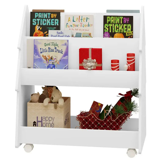 BukkitBow - Kinderboekenplank - Dubbelzijdige Boekenkast - Kast Met Wieltjes - Montessori Stijl - 60x71x38,5cm