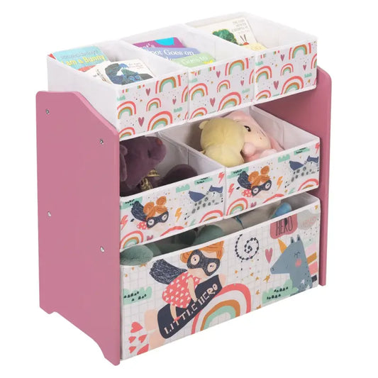 BukkitBow - Kinderen Opslag Plank - MDF en Massief Grenenhout - met 6 Stoffen Manden - Afgeronde Randen - Cartoon Ontwerp
