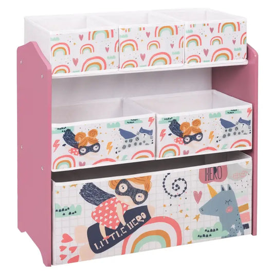 BukkitBow - Kinderen Opslag Plank - MDF en Massief Grenenhout - met 6 Stoffen Manden - Afgeronde Randen - Cartoon Ontwerp