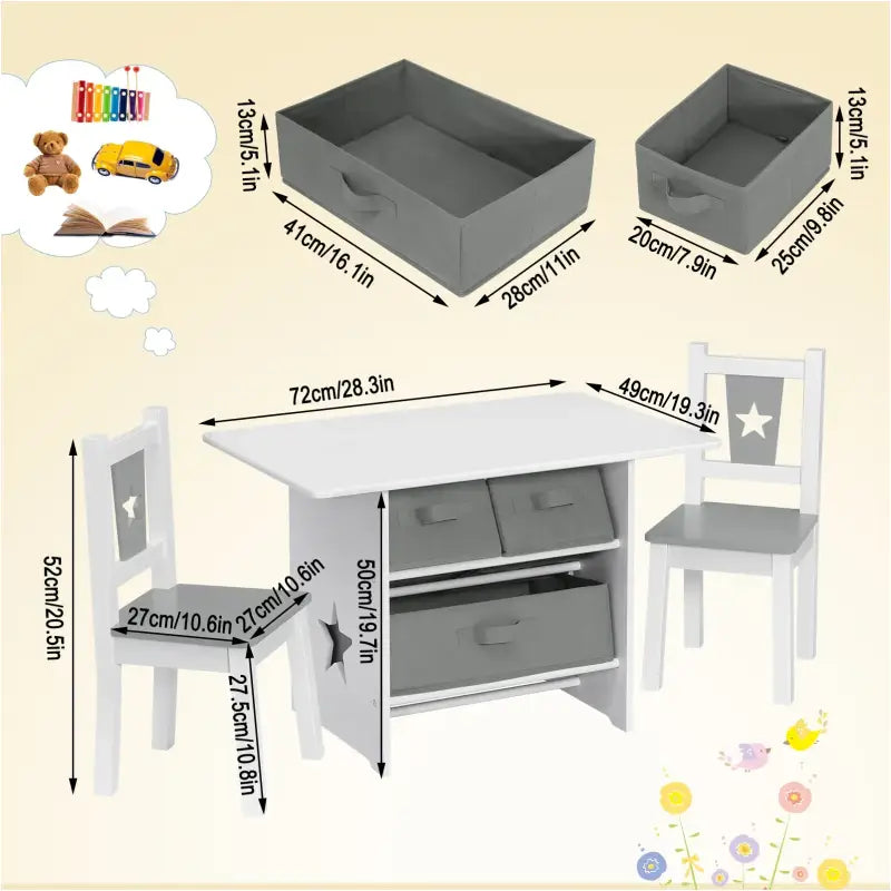 BukkitBow - Kindertafel met Stoelen / Kindermeubelset met Opslag - Wit met Grijs - Inclusief 3 Opbergmanden - Tafel: 72x49x50cm