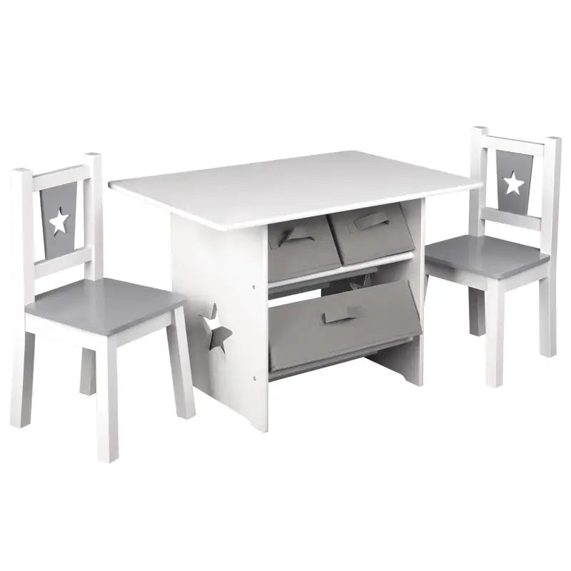 BukkitBow - Kindertafel met Stoelen / Kindermeubelset met Opslag - Wit met Grijs - Inclusief 3 Opbergmanden - Tafel: 72x49x50cm