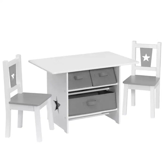 BukkitBow - Kindertafel met Stoelen / Kindermeubelset met Opslag - Wit met Grijs - Inclusief 3 Opbergmanden - Tafel: 72x49x50cm