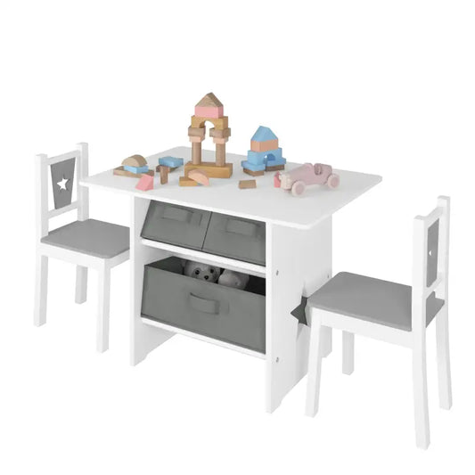 BukkitBow - Kindertafel met Stoelen / Kindermeubelset met Opslag - Wit met Grijs - Inclusief 3 Opbergmanden - Tafel: 72x49x50cm