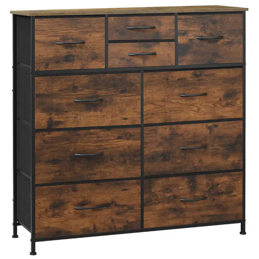 BukkitBow - Ladekast met 10 Stoffen Lades - Hout/Metaal/Non-woven Stof - 100x100x30 cm - Vintage Industrieel Ontwerp - Rustiek Bruin/Zwart