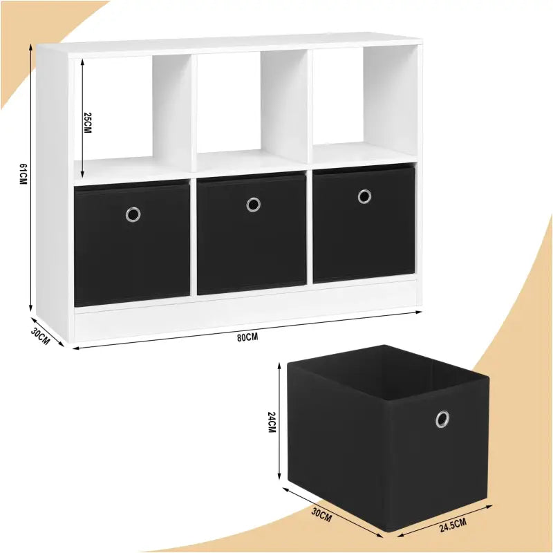 BukkitBow - Lage Boekenkast - Met 2 Lagen en 6 Compartimenten - Inclusief 3 Lade Kubussen - Geschikt voor Woonkamer en Slaapkamer (80X30X61CM) - Wit