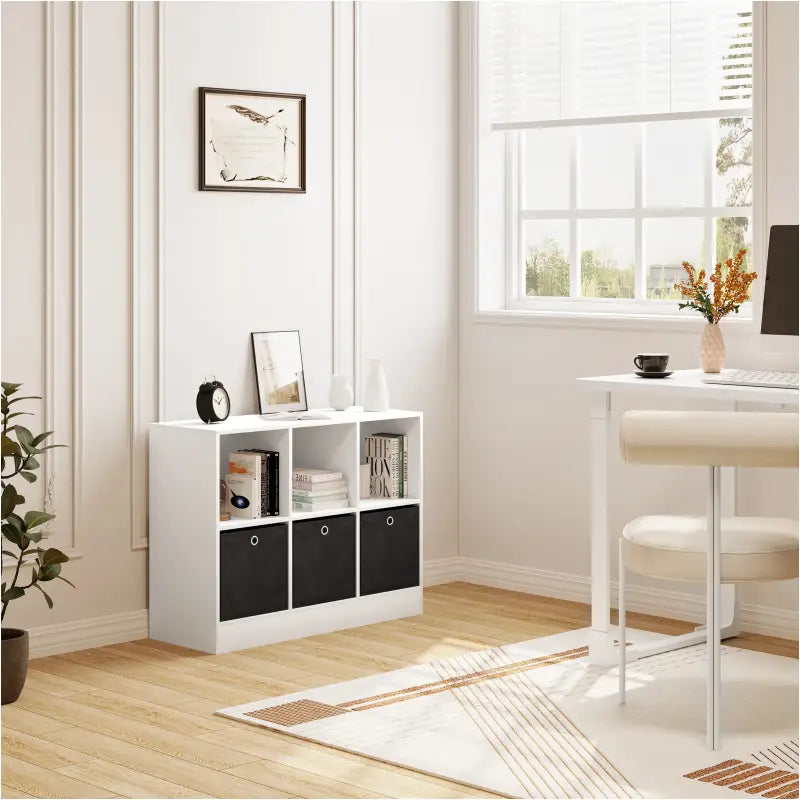 BukkitBow - Lage Boekenkast - Met 2 Lagen en 6 Compartimenten - Inclusief 3 Lade Kubussen - Geschikt voor Woonkamer en Slaapkamer (80X30X61CM) - Wit