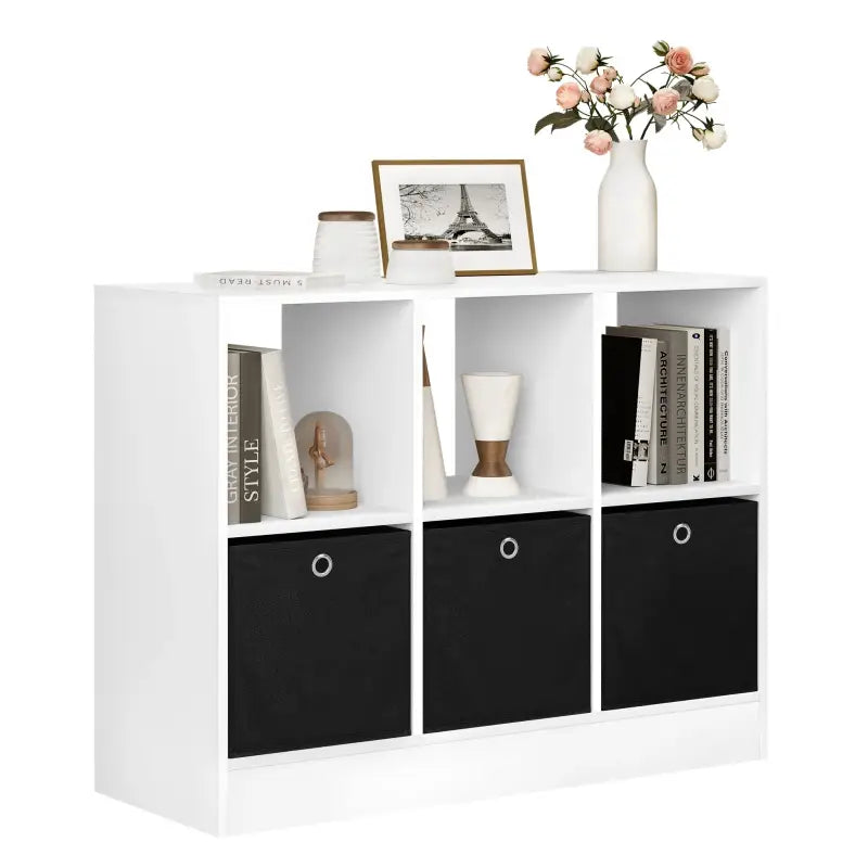 BukkitBow - Lage Boekenkast - Met 2 Lagen en 6 Compartimenten - Inclusief 3 Lade Kubussen - Geschikt voor Woonkamer en Slaapkamer (80X30X61CM) - Wit