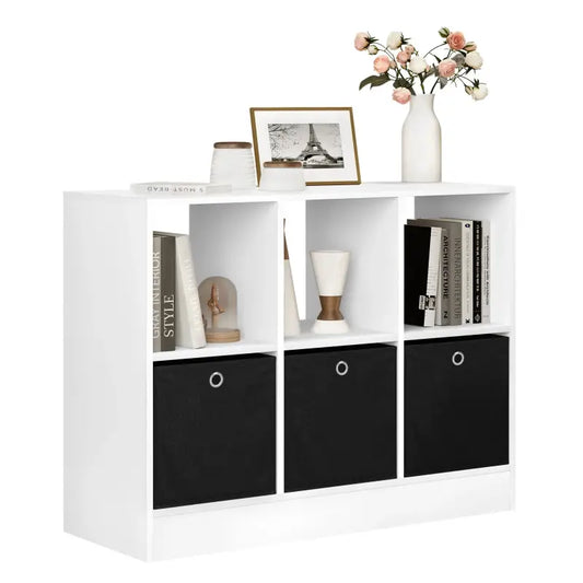 BukkitBow - Lage Boekenkast - Met 2 Lagen en 6 Compartimenten - Inclusief 3 Lade Kubussen - Geschikt voor Woonkamer en Slaapkamer (80X30X61CM) - Wit