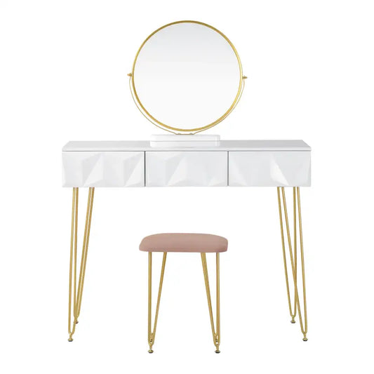 BukkitBow - Luxe Kaptafel met Kruk en 360 Graden Draaibare Ronde Spiegel - Met Gouden Poten en 3 Lades