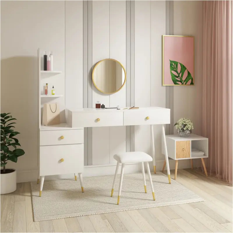 BukkitBow - Luxe Kaptafel met Kruk en Ronde Spiegel en Opbergkast - Gouden Poten