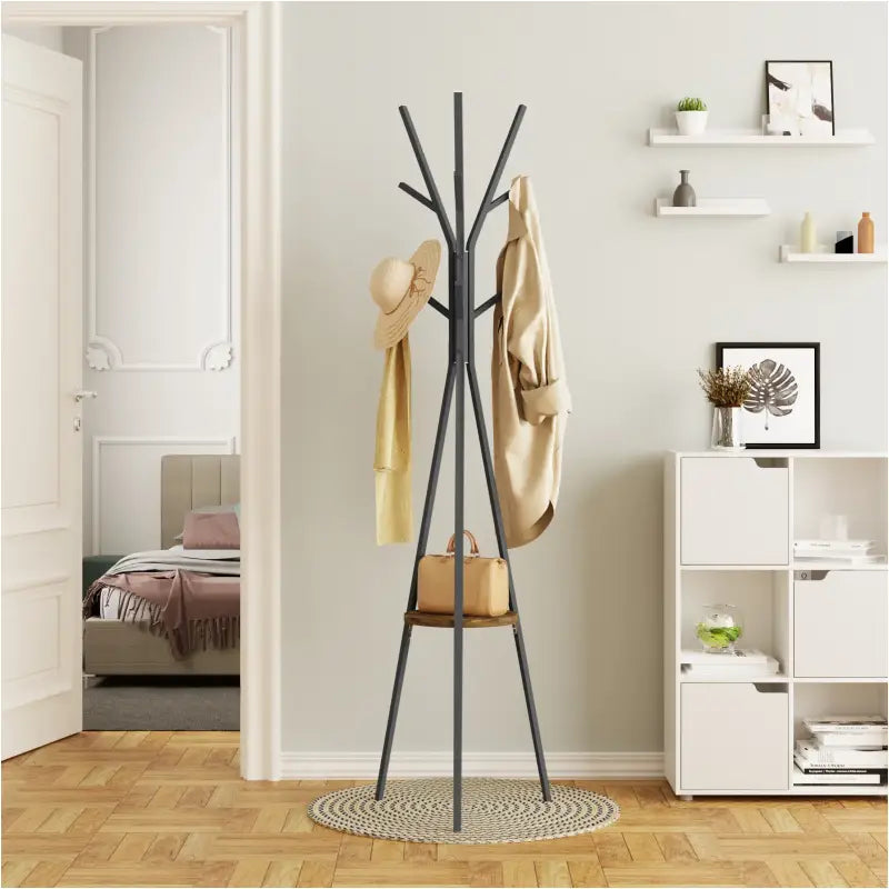 BukkitBow - Metalen Kapstok - Driehoek met Plankje en 9 Haken - Zwart (180CM Hoog)