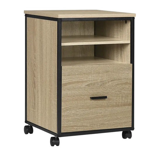 BukkitBow - Mobiele Compacte Archiefkast/Bijzettafel/Nachtkastje - Met 2 Planken en Lade voor Opbergruimte - Zwart Metaal met Eikenhout (40X40X60CM)