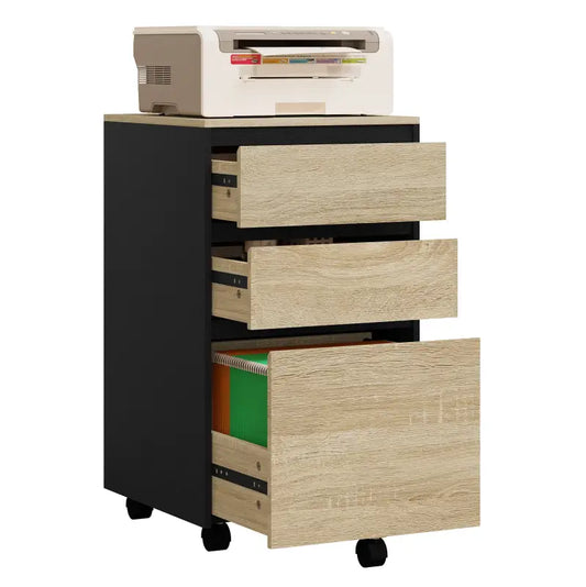 BukkitBow - Mobiele Compacte Archiefkast/Bijzettafel/Nachtkastje - Met 3 Lades Opbergruimte - Zwart Metaal of Licht/Donker Eikenhout (40X40X70CM)