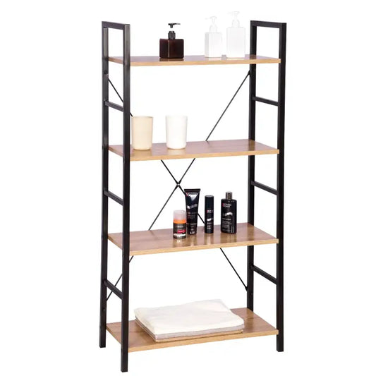 BukkitBow - Moderne Boekenkast / Boekenrek - 4 Lagen - Zwart Metaal met Licht Eikenhouten Planken - 60X28X116CM