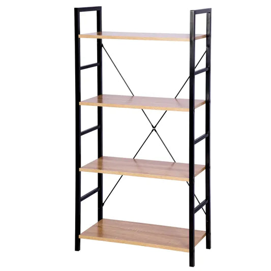 BukkitBow - Moderne Boekenkast / Boekenrek - 4 Lagen - Zwart Metaal met Licht Eikenhouten Planken - 60X28X116CM