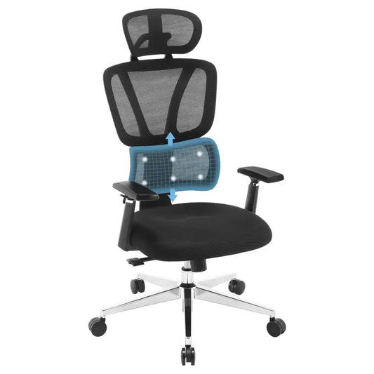 BukkitBow - Moderne Bureaustoel - Verstelbare Rug- en Lendensteun - 3D PU Armleuningen - Mesh Stof - 150 kg Draagvermogen - Zwart