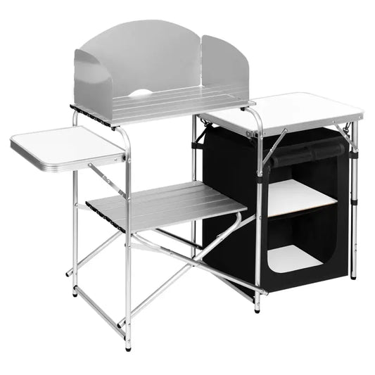 BukkitBow - Multifunctionele Campingkeuken - Roestvrij Staal met MDF en Oxford-Doek - 60kg Laadcapaciteit - Opbergtas Inbegrepen - 147x40x111cm