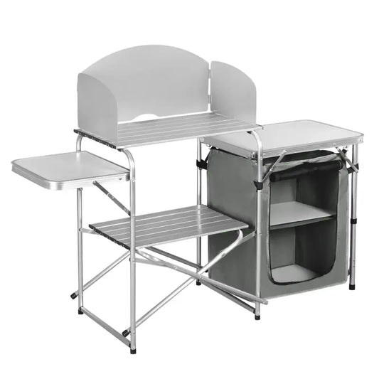 BukkitBow - Multifunctionele Campingkeuken - Roestvrij Staal met MDF en Oxford-Doek - 60kg Laadcapaciteit - Opbergtas Inbegrepen - 147x40x111cm
