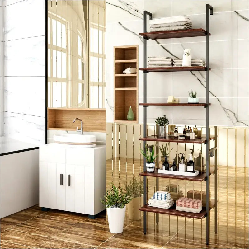 BukkitBow - Multifunctionele Ladderrek / Trappenrek - Stalen Frame - 6 Planken - Donker Eikenhout & Zwart Frame - 60x204x30cm