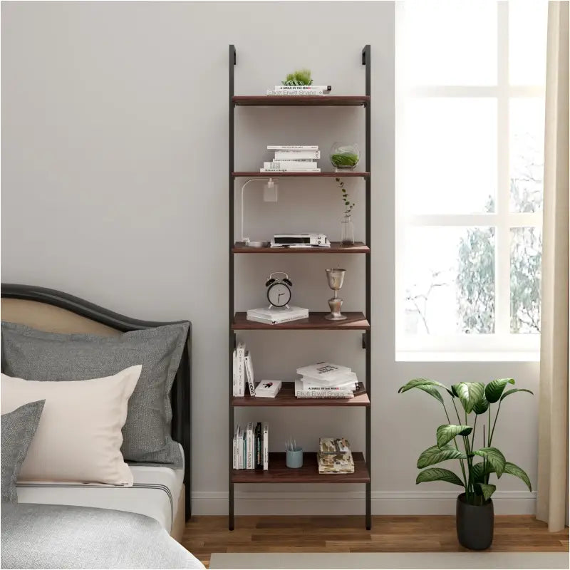 BukkitBow - Multifunctionele Ladderrek / Trappenrek - Stalen Frame - 6 Planken - Donker Eikenhout & Zwart Frame - 60x204x30cm