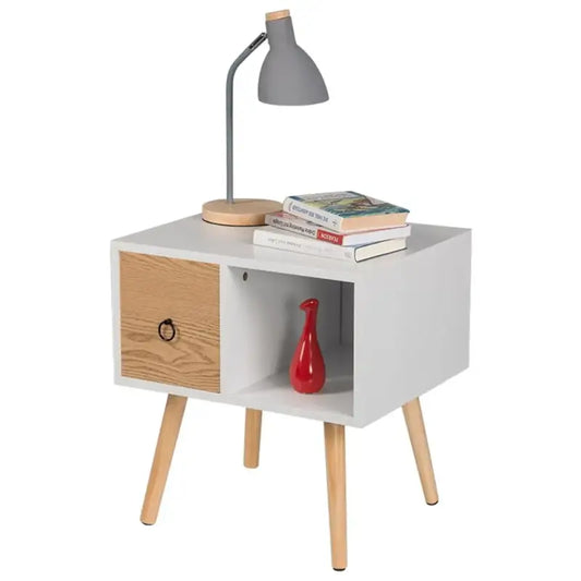 BukkitBow - Nachtkastje met Lade - MDF en Massief Hout - Wit of Grijs met Eikenhout - Max Belasting: 5kg - 48x40x50cm