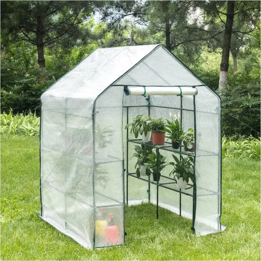 BukkitBow – Polytunnel Tuinkas – Winterproof Tunnel voor Groenten Teelt – Compacte Tuinkas met Groot Luik en 3 Bloemen Planken - 143x143x195CM