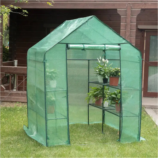 BukkitBow – Polytunnel Tuinkas – Winterproof Tunnel voor Groenten Teelt – Compacte Tuinkas met Groot Luik en 3 Bloemen Planken - 143x143x195CM