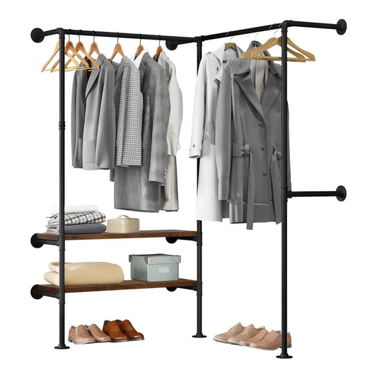 BukkitBow - Ruimtebesparende Hoek Garderobe - Zwart en Vintage Hout - Tot Wel 150 kg Belasting - Industriële en Vintage Stijl - 130.5x187x130.5cm