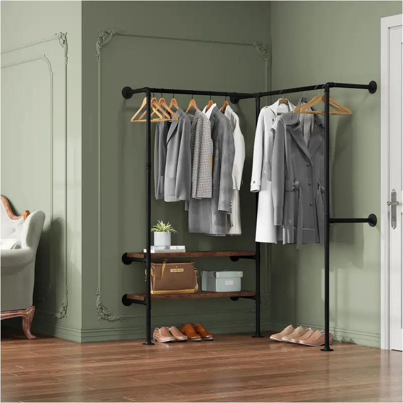BukkitBow - Ruimtebesparende Hoek Garderobe - Zwart en Vintage Hout - Tot Wel 150 kg Belasting - Industriële en Vintage Stijl - 130.5x187x130.5cm