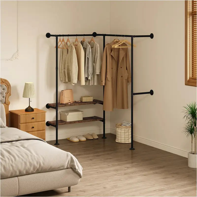 BukkitBow - Ruimtebesparende Hoek Garderobe - Zwart en Vintage Hout - Tot Wel 150 kg Belasting - Industriële en Vintage Stijl - 130.5x187x130.5cm
