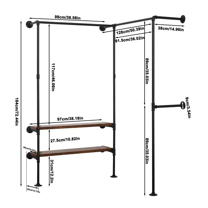 BukkitBow - Ruimtebesparende Hoek Garderobe - Zwart en Vintage Hout - Tot Wel 150 kg Belasting - Industriële en Vintage Stijl - 130.5x187x130.5cm