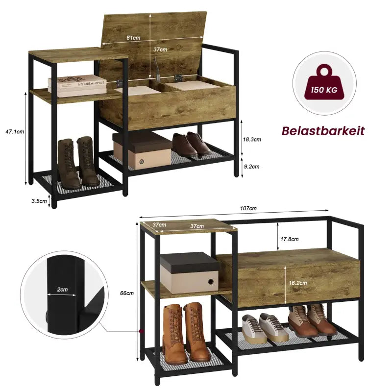 BukkitBow - Schoenenrek met Kleine Zitting - Schoenenkast Gemaakt van Stevig Metaal - Zwart Metaal met Vintage Bruin Hout