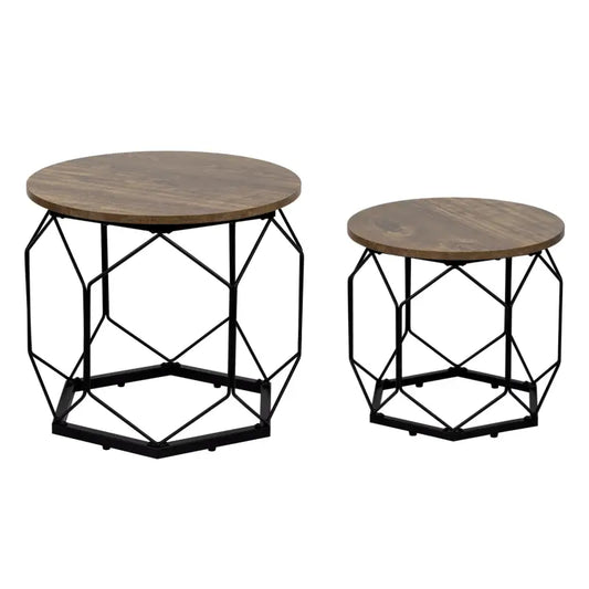BukkitBow - Set van 2 Bijzettafels - Vintage of Eikenhout - Metalen Ruiten Ontwerp - Multifunctioneel en Stijlvol Design - 40/50CM Doorsnede