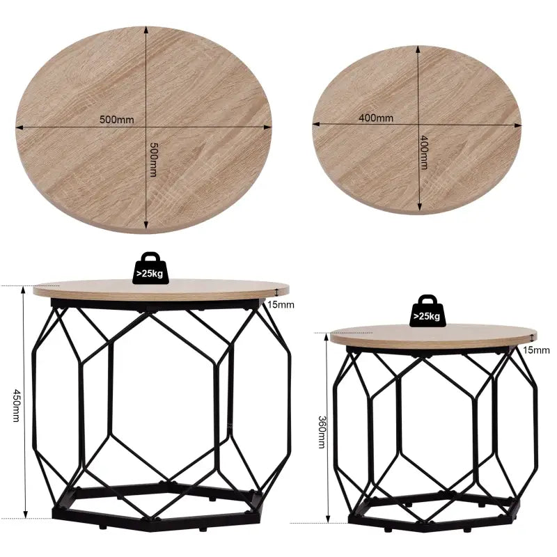 BukkitBow - Set van 2 Bijzettafels - Vintage of Eikenhout - Metalen Ruiten Ontwerp - Multifunctioneel en Stijlvol Design - 40/50CM Doorsnede