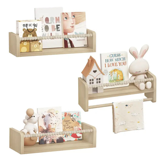 BukkitBow - Set van 3 Zwevende Wandplanken - Massief Grenenhout - Natuurlijk Hout - Montessori Boekenplank