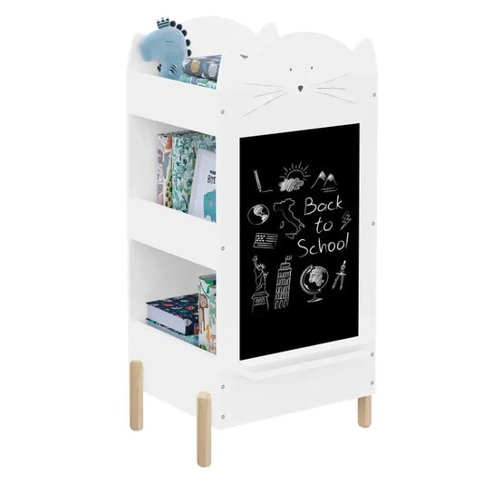 BukkitBow - Staande Boekenkast voor Kinderen - Opslagruimte aan 2 Zijdes - met Krijtbord en Krijt Plankje - Inclusief Bovenruimte - 45X36X85CM
