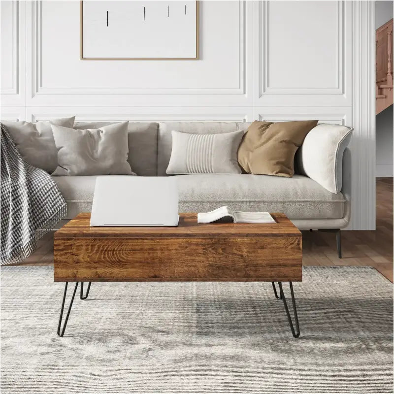 BukkitBow - Vintage Houten & Metalen Salontafel - Hoogte Verstelbaar met Verborgen Opslag - Industrieel Ontwerp