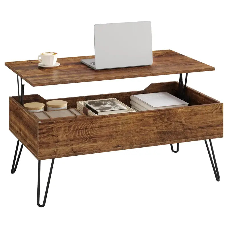 BukkitBow - Vintage Houten & Metalen Salontafel - Hoogte Verstelbaar met Verborgen Opslag - Industrieel Ontwerp