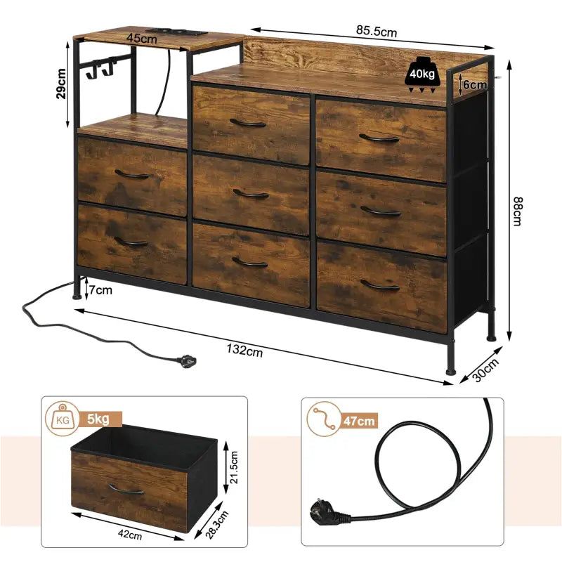 BukkitBow - Vintage Ladekast - Veelzijdige Opbergruimte - met Stopcontact voor Gemakkelijk Opladen - Stabiel en Duurzaam - Lichtgewicht - 132x88x30CM