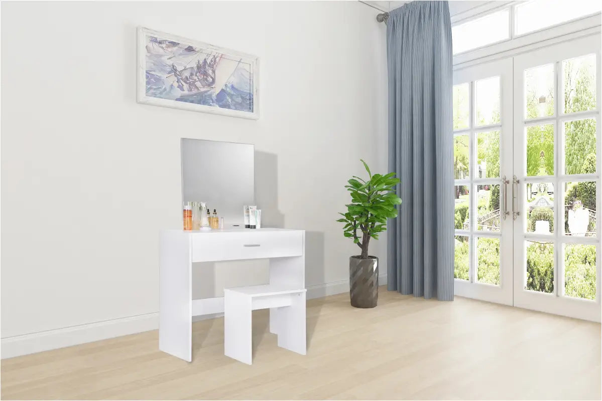BukkitBow - Witte Kaptafel met Grote Make-Up Spiegel met grote Lade en Kruk (39X82X75CM)
