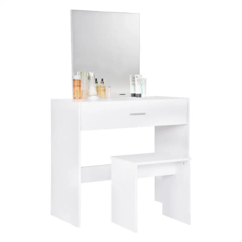 BukkitBow - Witte Kaptafel met Grote Make-Up Spiegel met grote Lade en Kruk (39X82X75CM)