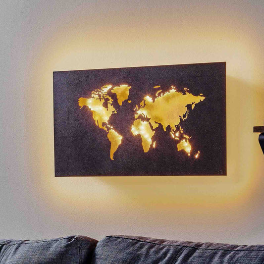 Design LED Wereldkaart wanddecoratie met verlichting - 60 x 30 cm - Bruin goud metaal