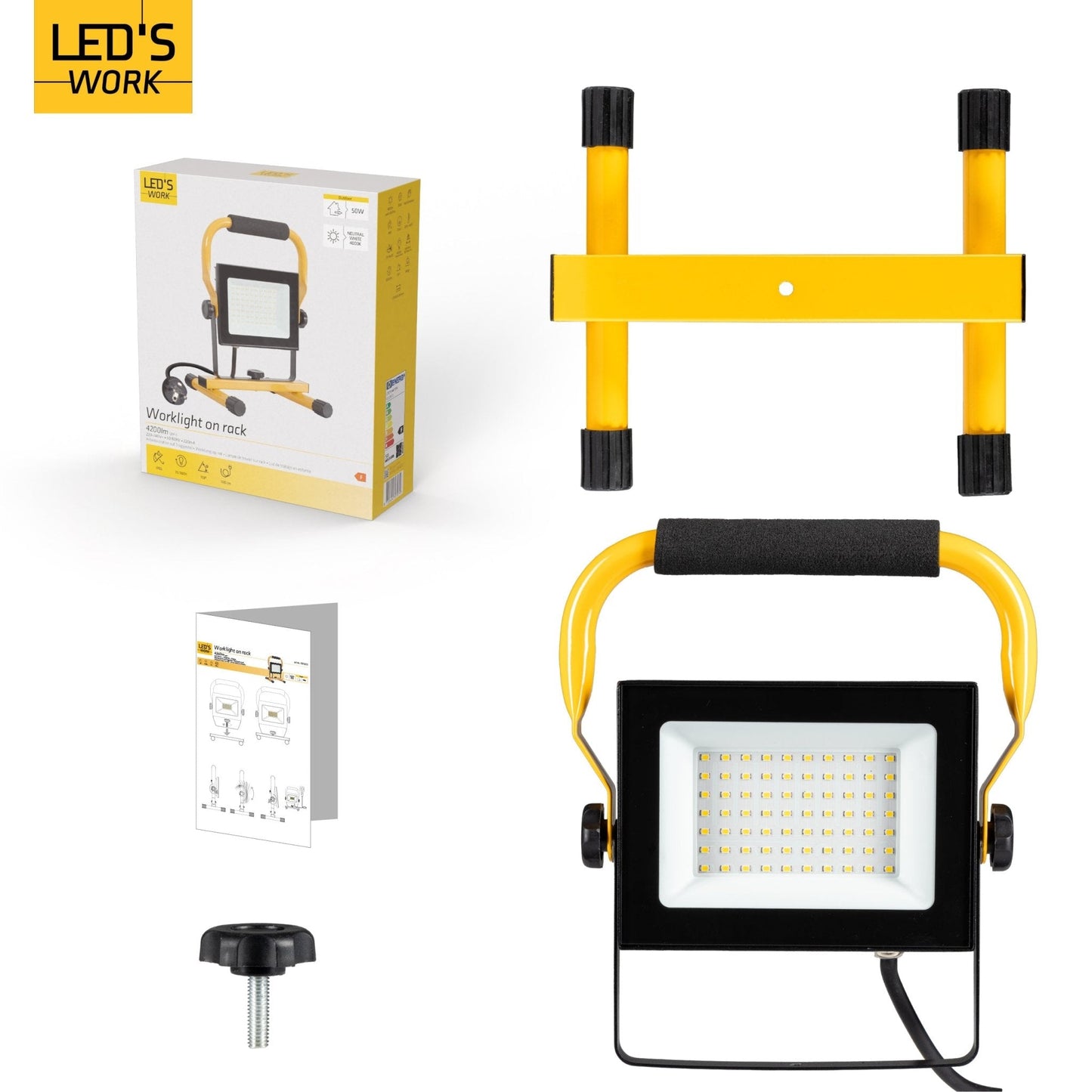 LED's Work 50W Bouwlamp Werklamp Bedraad 4900lm - Verstelbare beugel - Waterdicht (IP65) - Zwart geel